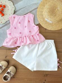 LMoss Kids Bộ 2 món áo ba lỗ và quần short kẻ caro dệt cho bé gái, kiểu dáng thường ngày. - Hồng - Xem 2