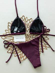 Swim Chiccia Bộ đồ bơi hai mảnh dành cho nữ, đồ bơi buộc dây cổ màu trơn gợi cảm và thanh lịch, trang phục đi biển màu tím đỏ cho mùa hè. - Màu đỏ tím - Xem 2