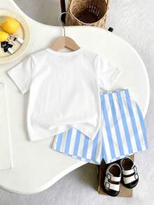 SHEIN Playful Pals 2件套男婴休闲度假风柠檬文字印花T恤上衣搭配同款条纹印花短裤，适合夏季外出穿着 - 彩色 - 查看 3