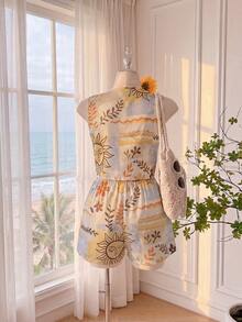SHEIN EZwear 大尺碼女款白色夏季波西米亞風海灘度假太陽臉印花前綁帶無袖上衣與短褲套裝，夏威夷度假穿搭 2 件式海灘套裝 - 彩色 - 查看 8