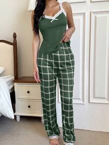 SHEIN Contrast Color Lace Patchwork Camisole & Plaid Print Pants Women Pajama Set - Army Green - View 4
