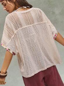 Bohemela Casual Knit Patchwork Round Neck Loose Short Sleeve T-Shirt For Women - Apricot - View 7