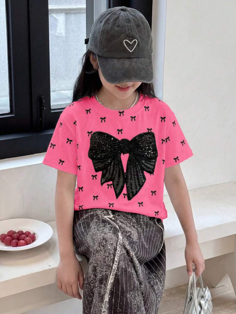 可愛迷你蝴蝶結印花黑色優雅蝴蝶結圖案時尚青少年女孩休閒極簡短袖圓領T恤適合夏季可愛夏季兒童用品夏季出遊用品韓系風格返校返鄉日Grunge條紋舒適時尚兒童圖案印花卡通復古撞色Y2K可愛派對聚會日常度假舒適2026夏季必備鄉村風約會週末休閒家庭出遊拍照 - 彩色 - 查看 3