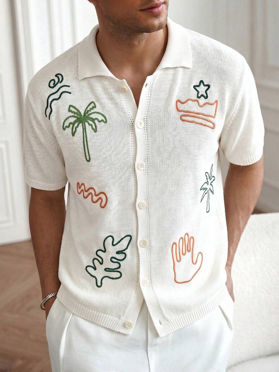 Manfinity Homme Áo sơ mi nam tay ngắn cài nút, thiết kế thời trang mới kiểu Âu và Mỹ mùa hè, phong cách thường ngày, màu trắng, thêu họa tiết, thích hợp cho kỳ nghỉ biển. - trắng - Xem 1