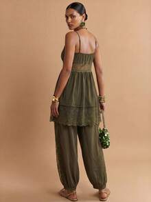 Zivah 2026 Elegant Bohemian Style Beach Vacation Vacation Sheer Chiffon Contrast Lace Set, Camisole Top+Lantern Pants, Lantern Olive Green Summer - Army Green - View 3