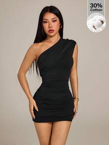SHEIN PETITE Women's Solid Color Ruched Bodycon Mini Slip Dress, Comfortable Cotton Blend, Stretchy & Forgiving, Suitable For Summer, Club Outfits - Black - View 4