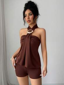 SHEIN PariChic Women's Y2K Sexy Vacation Style Coffee Brown Front-Fastening Metal Button Decor Mini Bodycon Jumpsuit, Spring/Summer - Coffee Brown - View 6