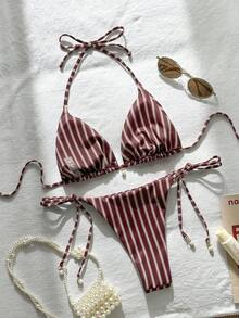 Swim Mod 女士夏季沙滩条纹挂脖系带性感比基尼泳装套装，随机印花 - 彩色 - 查看 2