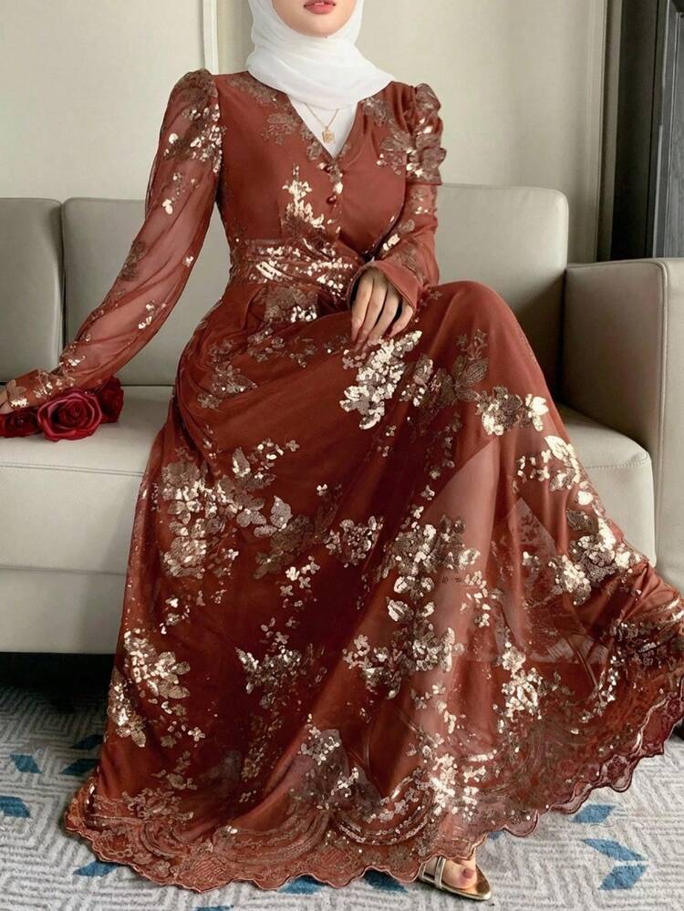 Women's Elegant Sequin Floral Print Stand Collar Petal Sleeve Dress, Spring/Summer,Wedding Guest Dress Women Sundress