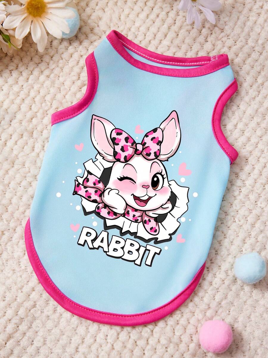PETSIN 1 chiếc áo tank top in hình báo đốm dễ thương dành cho thú cưng, in hình thỏ Eliza, màu xanh nhạt phối hồng đỏ, chất liệu mềm mại, thoáng khí, chống rụng lông. - Nhiều màu - Xem 1