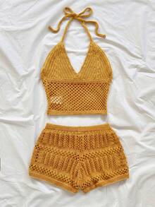 Soleia New Vacation Halter Neck Tank Top And Shorts Casual Knit 2 Pieces Set - Yellow - View 2