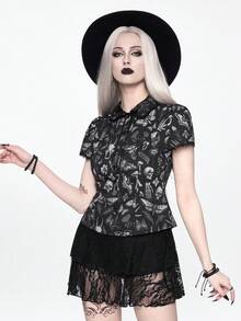 ROMWE Trang phục mùa hè: Áo sơ mi nữ ôm dáng in hình xương và cây cỏ theo phong cách Gothic tối tăm, lấy cảm hứng từ rừng rậm. - màu đen - Xem 6