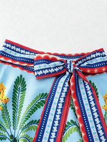 SHEIN Franclia 女士休闲度假热带印花系腰半身裙，夏季 - 淺藍色 - 查看 4