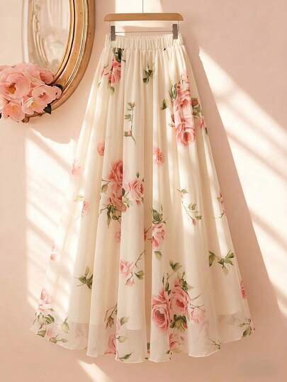 GlowEve Women's Casual A-Line Skirt With Rose Floral Print, Versatile For Dates, Outings, Travel