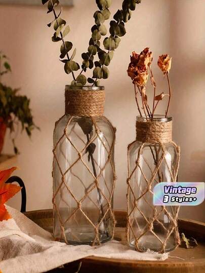 1 pieza Jarrón cilíndrico de vidrio transparente tejido a mano de estilo bohemio vintage y creativo, decoración vintage original para el hogar con bolsa tejida a mano y jarrón de vidrio transparente, adecuado como regalo para festivales, decoración de escritorio del hogar, arreglos florales e hidroponía, ideal para casas de campo rústicas y decoración de mesas de fiesta, decoración del hogar, decoración de la sala de estar, decoración boho, jarrón, centro de mesa, decoraciones de boda, decoración de mesa para cumpleaños y graduación