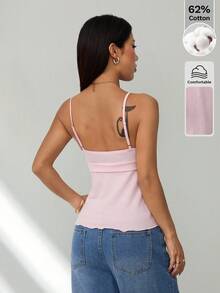 SHEIN PETITE 女士秋冬新品 - 甜美休闲粉色清新少女风侧系带荷叶边吊带背心 - 粉色 - 查看 2