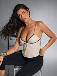 Denimoi 女士性感度假撞色滚边露背系带短款吊带背心 - 杏色 - 查看 4