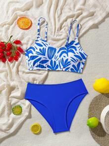 SHEIN Swim 2-częściowy damski zestaw kostiumów kąpielowych, minimalistyczny styl na plażę, imprezę przy basenie, wakacje, wiosnę i lato - Niebieski - Zobacz 3