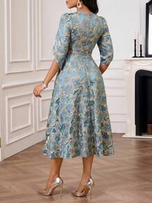 SHEIN Lady Đầm dài nữ thanh lịch cổ tròn thắt eo bằng vải jacquard, thích hợp cho mùa hè. - Màu xanh nước - Xem 2