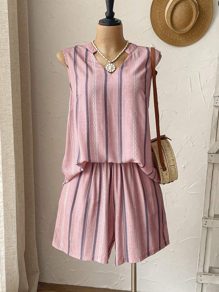 Plus Size Women V-Neck Striped Top And Shorts Casual 2 Piece Set Summer Summer Outfit For Women Festival Outfits For Women Beach Outfits For Women Vacation Outfits Women Holiday Outfits  For Women Country Concert Outfit Casual Sets For Women