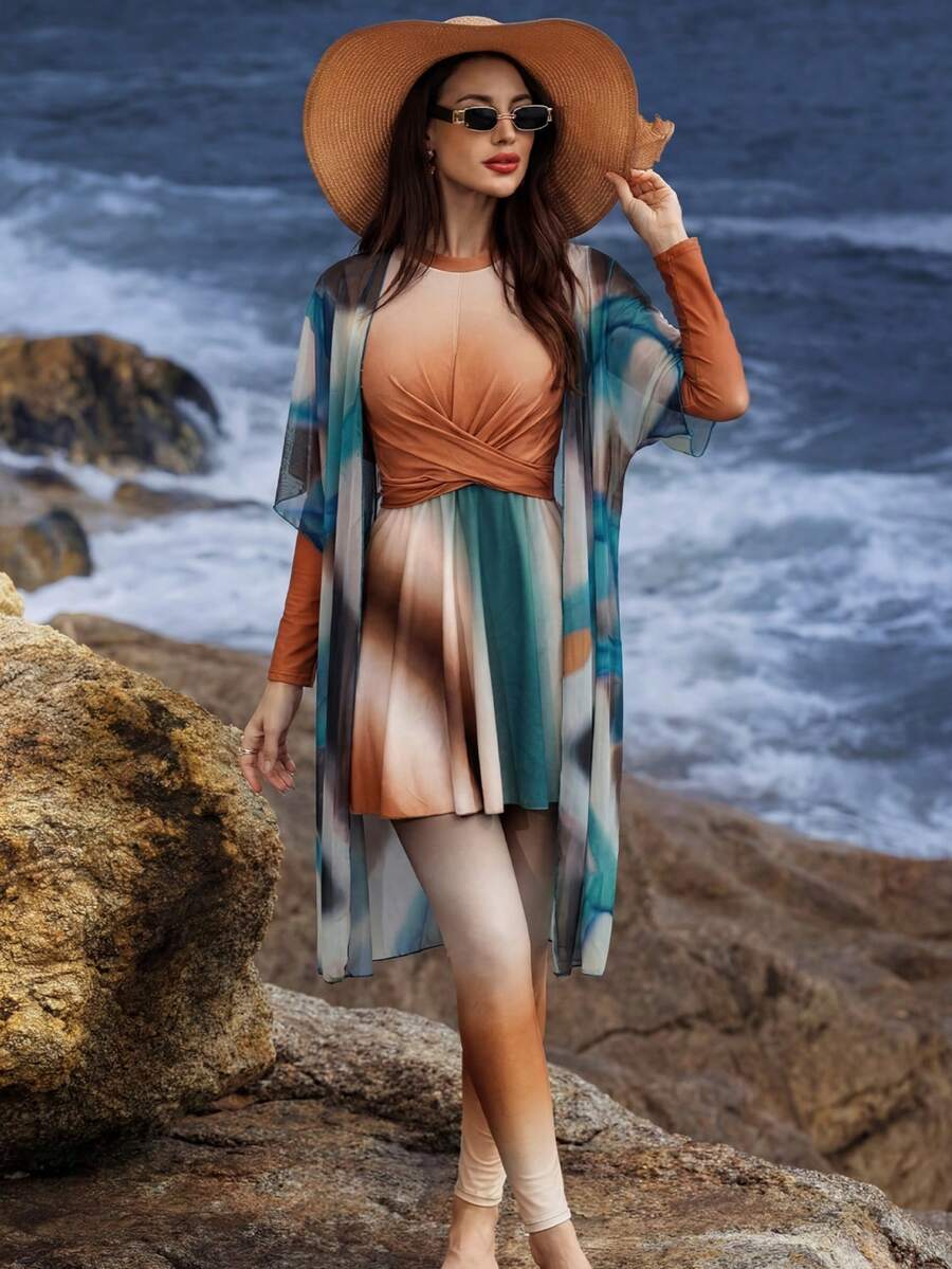 Swim Mulvari Bộ 3 món đồ đi biển mùa hè thanh lịch, trang phục nhuộm tie-dye, váy thắt eo cho nữ, đồ đi biển trang nhã, burkini duyên dáng và lịch sự. - màu nâu - Xem 1