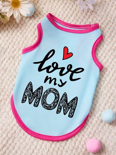 PETSIN 1pc Love LOVEMOM Letter Printed Pet Tank Top Blue Patchwork Rose Red Soft Breathable Anti Hair Pet Clothing