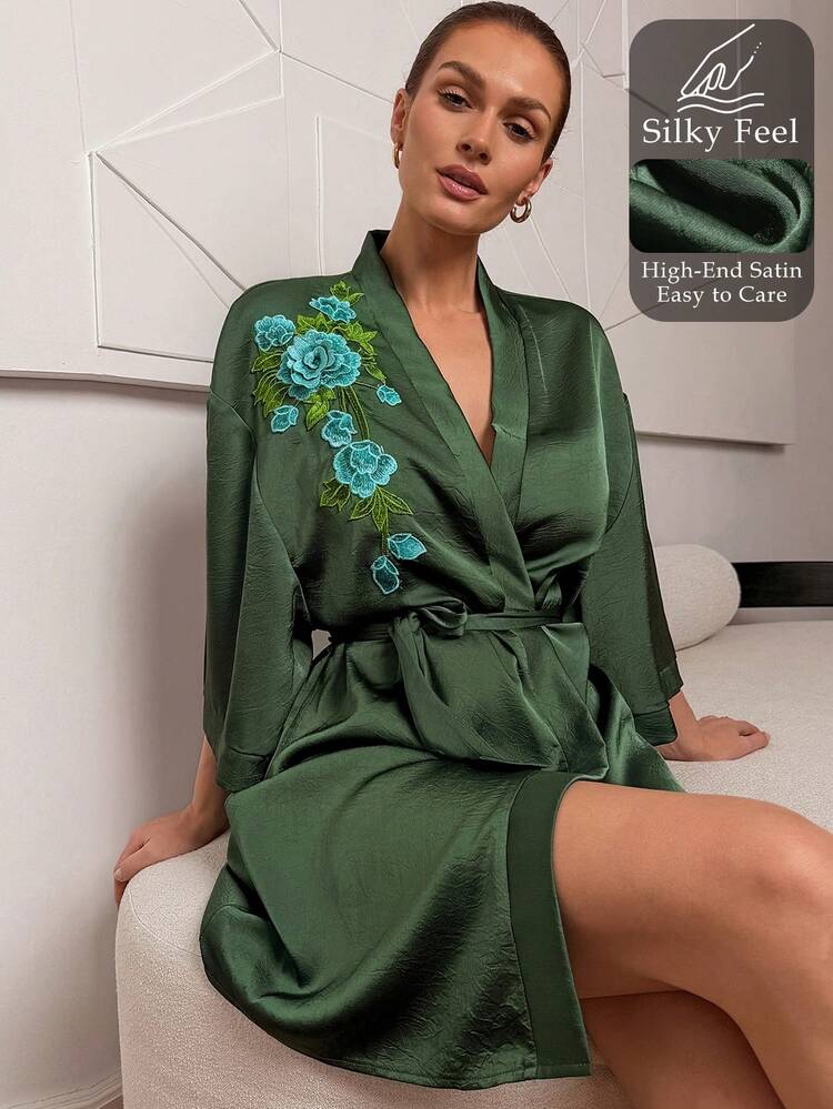 Women's Elegant Floral Embroidered Waist Tie Robe, Spring/Summer