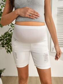 SHEIN Umstands-Denim Shorts in Weiß, elastisch und figurbetont, lässige Distressed-Bermuda-Shorts aus Baumwolle für den Sommer, Alltag, pränatal für schwangere Frauen - Weiss - Übersicht 8