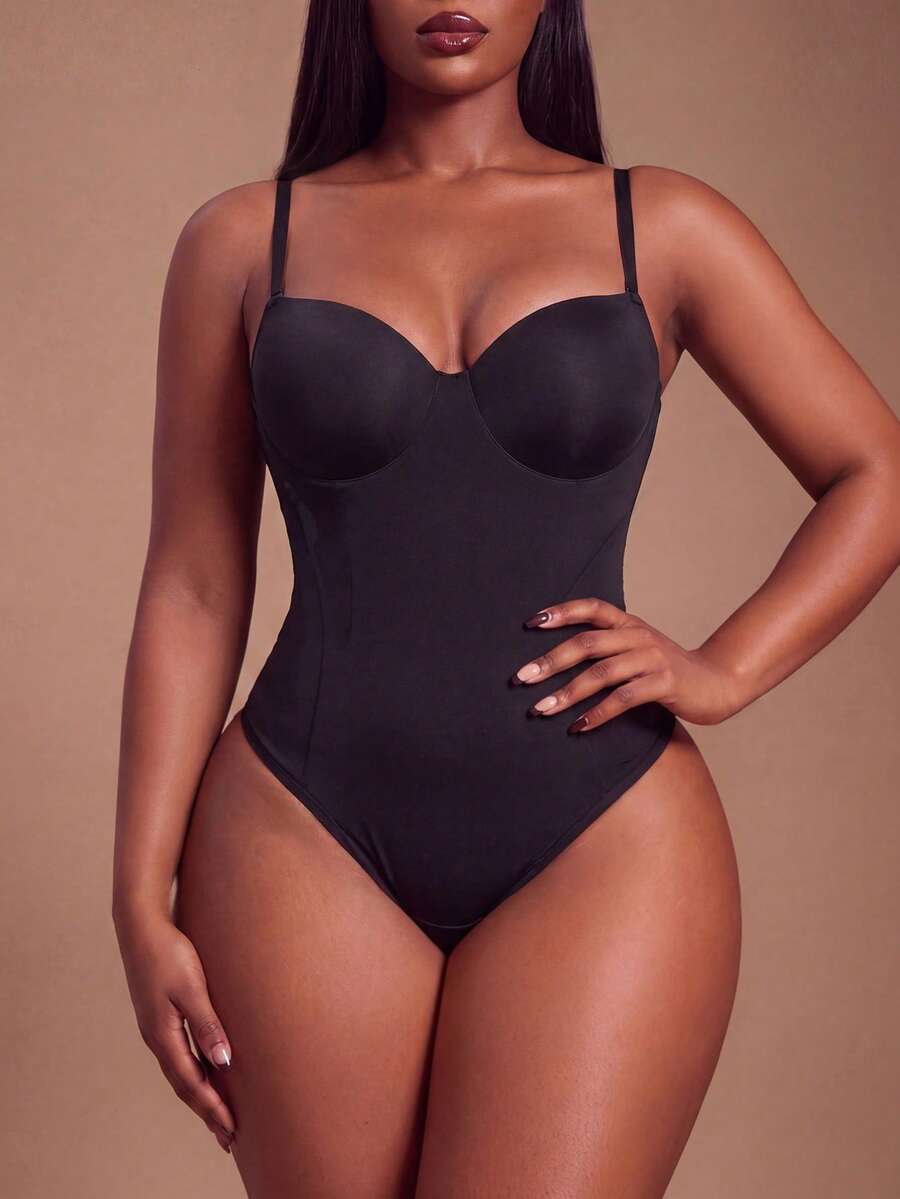 Radiana Plus Size Women's Solid Color Sleeveless Bodysuit - Black - View 1