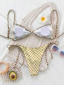 SHEIN Swim Mod 2026 New Plus Size Mod Bikini Set, Cute Polka Dot & Striped Summer Beach Swimwear For Women, Cross-Border E-Commerce - Beige - View 3