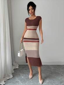 Elenzga Women's Spring/Summer New U-Neck Fitted Mid-Length Hem Slit Half Sleeve Elegant High-End Knit Dress, Striped Design, Versatile Lady Style - Multicolor - View 4