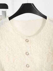 Seusyu White Summer Elegant Tea Party Lace Blouse Paired With Skirt,Long Sleeve Pocket Button Elastic Waist Luxury High-End Plus Size Women 2-Piece Set Fall - Apricot - View 5