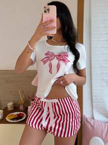 SweetSlumber Sweet Striped & Bow Pattern Short Sleeve Women Pajama Set - Multicolor - View 3