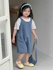 DAZY Đầm denim không tay kèm túi đeo chéo, dáng rộng cho bé gái (size nhỏ) - Rửa trung bình - Xem 5