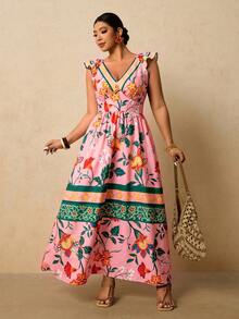 Travachic Plus Size Women's Tropical Floral Print Maxi Dress, V-Neck Flutter Sleeve Cinched Waist A-Line Long Dress, Romantic Vacation Dress For Early Spring - Pink - View 5