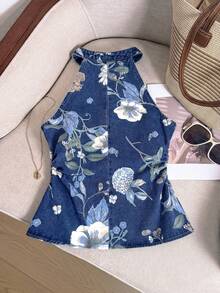 Muvela Áo sơ mi denim nữ in hoa, cài một hàng khuy, kiểu dáng thường ngày, đa năng. - Rửa trung bình - Xem 2