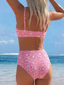 Swim Mod Bộ bikini nữ mùa hè đi biển, kiểu dáng thanh lịch, chất liệu vải dệt họa tiết hoa màu hồng và trắng, dây đeo mảnh có thể tháo rời, cạp cao. - Nhiều màu - Xem 4