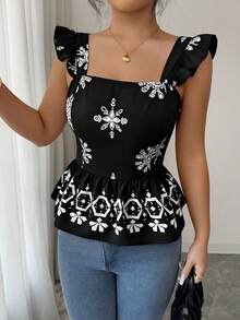 Blusa de manga corta con lazo en la espalda y cintura ceñida, con estampado posicionado en color negro sobre base color albaricoque, para mujer - Negro - Ver 4