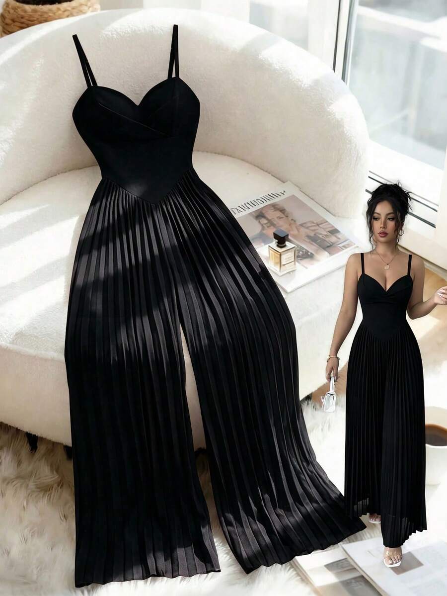 SHEIN Elenzya Sleeveless Ruched Waist Elegant Romantic Jumpsuit For Women - Black - View 1