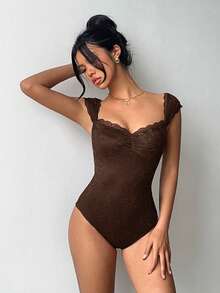 Aloruh Body de unicolor con escote de corazón, parche de encaje y sin mangas, sexy - Café integral - Ver 6