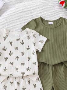 SHEIN Playful Pals Bộ quần áo 4 món cho bé trai: Áo thun cổ tròn in kỹ thuật số + Áo thun cổ tròn màu xanh trơn, bộ đồ ngắn tay mùa hè thoải mái, dễ mặc, quần áo trẻ sơ sinh cho bé trai, thích hợp cho mùa xuân và mùa hè, mặc hàng ngày và đi chơi. - màu xanh lá - Xem 4