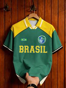 Manfinity Campus Court Áo Polo đội tuyển Brazil phong cách retro cho nam, áo polo phối màu dáng rộng cho nam, áo thun in hình cho nam, áo thun in hình cho nữ, áo khoác thể thao thời trang cho nam, áo polo bóng đá/bóng đá tay ngắn cho nam. - Nhiều màu - Xem 3