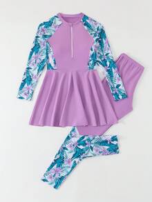 SHEIN Teen Girls Tankini Bikini Set,Pink,Summer,Beach,Holiday,Holiday,Lavender Purple Tropical Floral Leaf Raglan Sleeve Crew Neck Front Zipper Shorts 2pcs - Purple - View 6