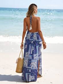 SHEIN LUNE Women's Blue And White Flower Floral Print Backless Tassel Dress,Boho Tropical Summer Beach Vacation Outfits,Casual Country Concert Outfit For Women - Multicolor - View 1