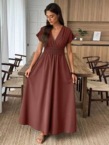 Elouméa Women's Vacation Solid Color Deep Shirred Waist Tie Mid-Length Dress - Brown - View 5