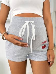 SHEIN Quần short bầu mùa hè, kiểu dáng thường ngày, có dây rút, in hình quả anh đào, thích hợp đi nghỉ mát và đi làm. - Màu Xám nhạt - Xem 4