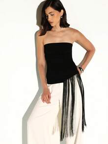 KSTM Strapless Bandeau Top With Black Fringe Trim Detail Contemporary Evening Party Crop Blouse Tube Style Fashion Statement Piece - Black - View 7