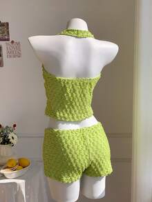Comfortcana Solid Color Backless Halter Top And Super Short Shorts Set, Spring/Summer Golf White Sexy - Green - View 2