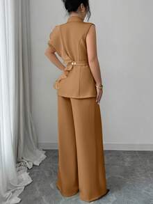 SHEIN Elenzya 女士优雅杏色奢华正式礼服套装，亮片欧根纱荷叶边领系腰西装外套套装，包括无袖外套和直筒裤，酒红色，适合万圣节、圣诞节、新年派对、毕业典礼、婚礼和其他场合。 - 摩卡棕 - 查看 2