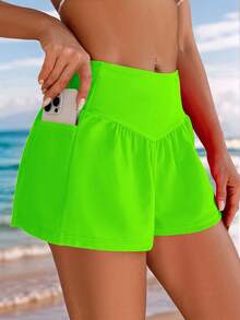 Swim Lushoire Women's Neon Green Pocket Casual Beach Shorts - Green - View 1